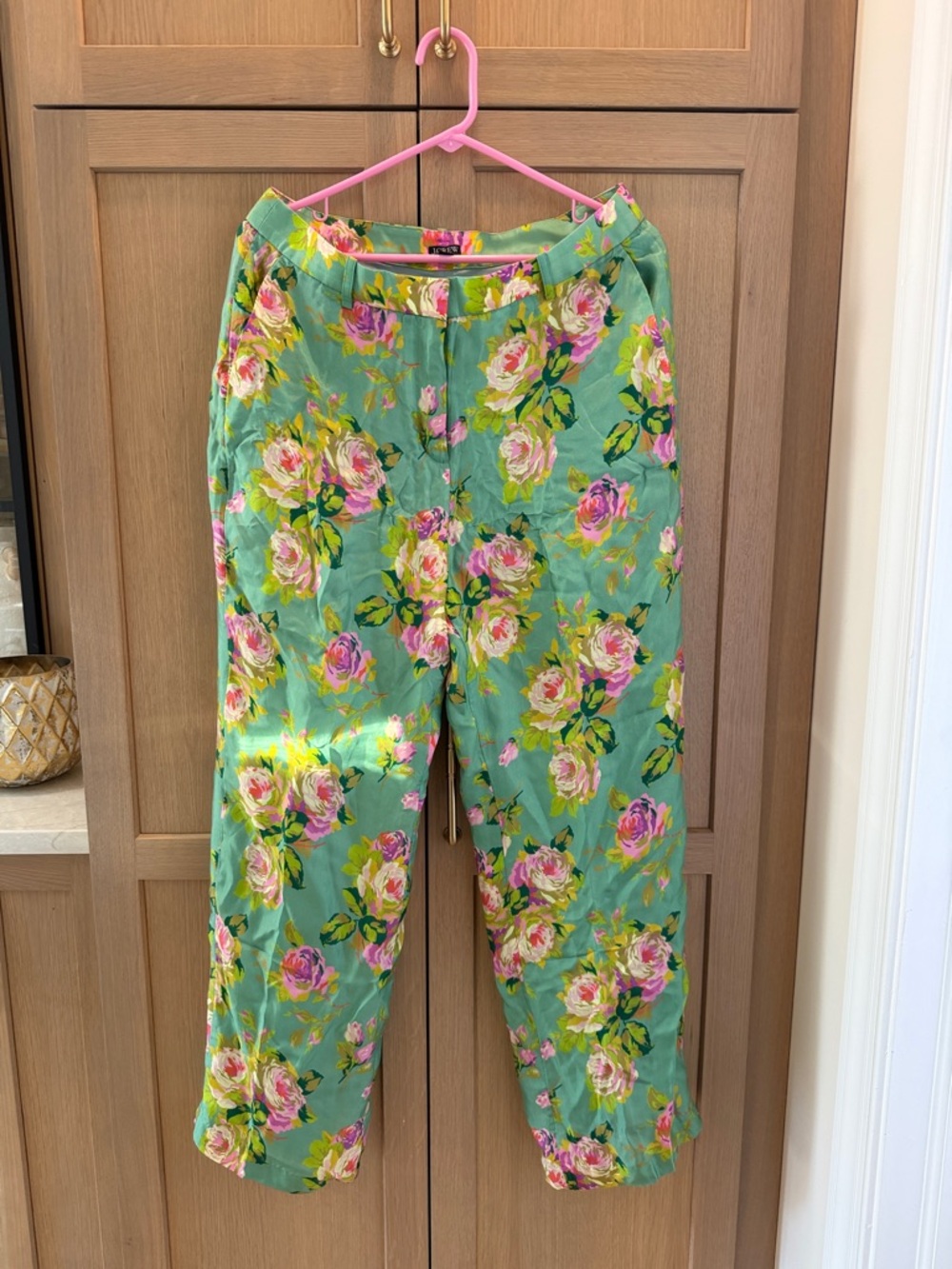 Green Floral Silk Trousers with Pink Rose Print